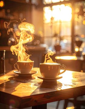 Steaming coffee cups with artistic latte art and smoke, illuminated by warm morning light.