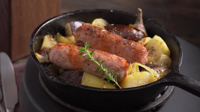 Grilled sausages with vegetables are served in cast iron skillet.