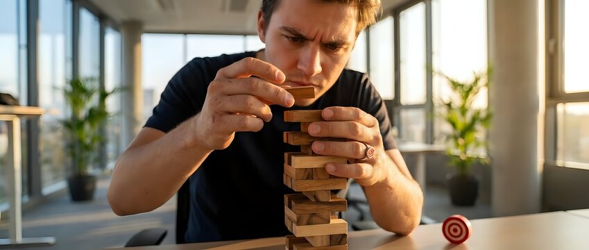 Man carefully placing wooden block on unstable tower, demonstrating risk management and strategic planning for business concepts and decision-making scenarios.