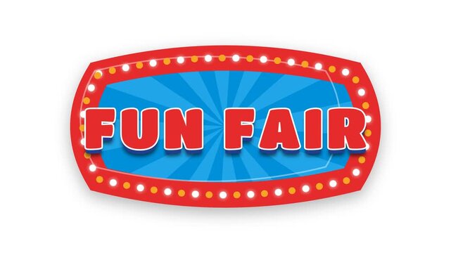Retro Carnival Signage for Fun Fair and Amusement Park Events with Glowing Marquee Light Bulbs and Blue Sunburst Background