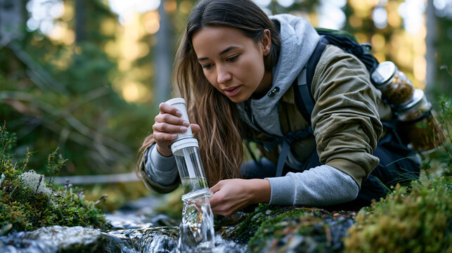Forest ecologist in early morning mist attaching environmental DNA collection filter to stream water sampler, mycelium sampling jars in backpack, underground fungal network research field methodolog
