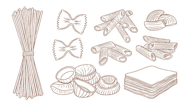 Spaghetti and pasta shapes with napkins and coconut shells