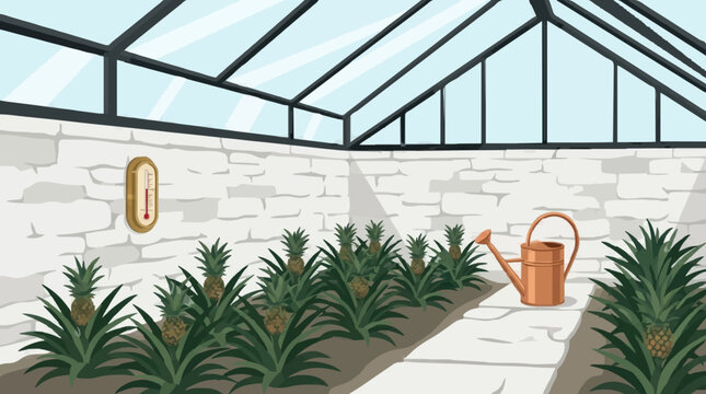 Pineapple Greenhouse Interior with Watering Can and Thermometer