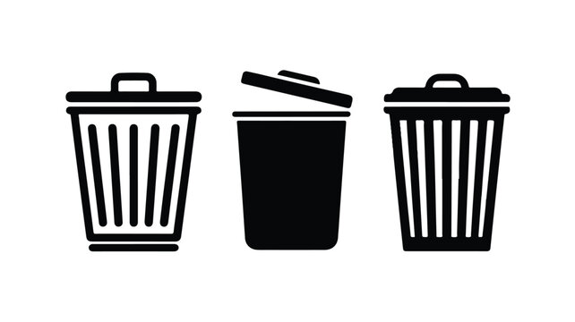 Three black trash cans with lids in different positions on white background
