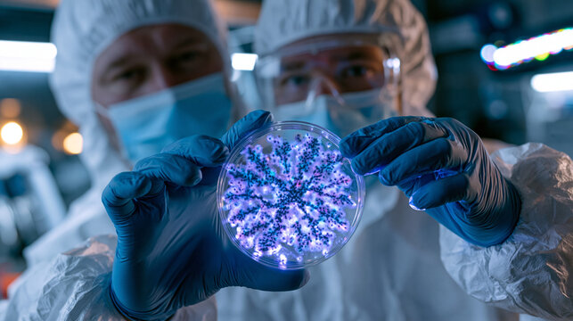 Microbiologist in full protective gear holding a petri dish containing antibiotic-resistant colony cultures up to ultraviolet light, biosafety cabinet visible behind, alarming resistance pattern doc