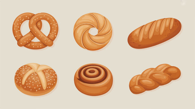 Variety of freshly baked bread and pastries on beige background