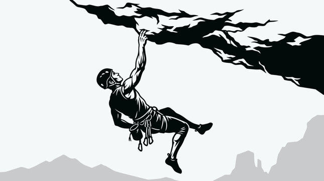 black and white vector illustration of a man wearing a helmet and climbing gear, hanging from a cliff face while rock climbing, with a mountain range in the background.