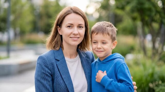 Woman embracing young boy in park. Mother and son sharing tender moment outdoors. Family love and child protection concept for International Day of Missing Children awareness