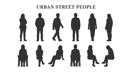Minimalist Architectural Scale Figures Silhouette Set, Black Vector CAD Blocks of Urban Street Pedestrians Standing and Sitting in Front and Back Elevation Views for City Layout Rendering © MkJutt