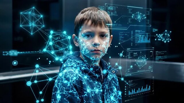 Boy with augmented reality holograms overlaying his face in urban subway setting. Lost child digital search concept. Technology for finding missing children on international missing children day