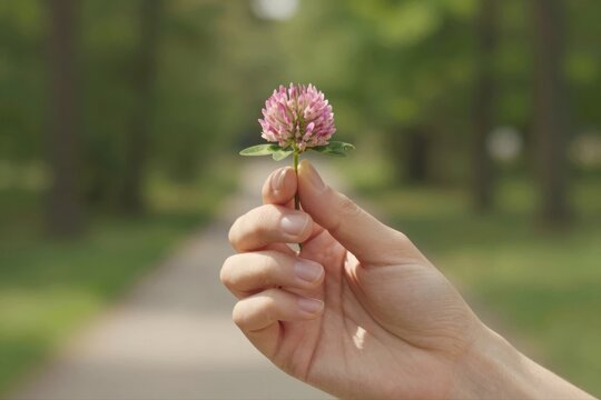 Pink flower held by a hand on a path in a green park during daylight
