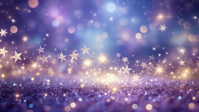 Soft star bokeh glimmers floating in purple blue gradient haze with faint shimmer and calm motion