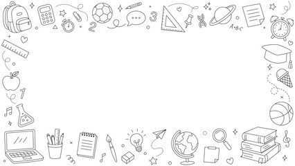 Fototapeta premium Minimal School Doodle Background with Academic Line Icons, Study Tools and Empty Space for Education Content