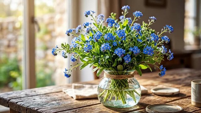Blue forget-me-not flowers bouquet in glass jar tied with string on rustic wooden table near sunlit window. Awareness concept for child safety and hope in natural light setting