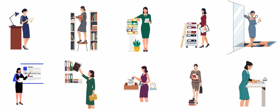 Set of illustrations showing a professional female legal assistant or lawyer performing various office tasks, including documentation, legal research, and signing contracts.