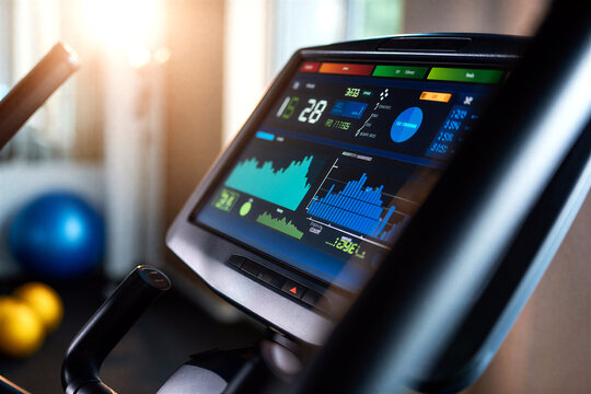 Closeup of a modern exercise bike digital display showing workout statistics and progress details