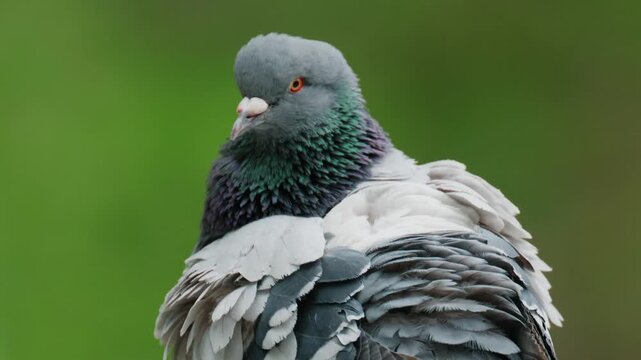Domestic pigeon grooming its grey feathers against soft green background.