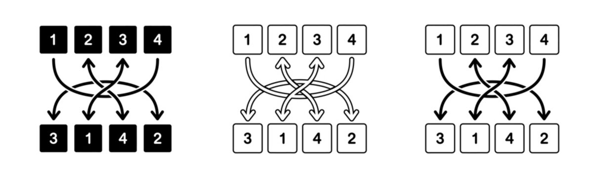 Permutation group visualizations three distinct arrangements of four elements with mapping arrows