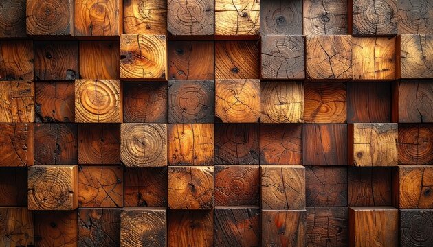 A close-up, textured view of stacked wooden cubes with visible grain and cracks.