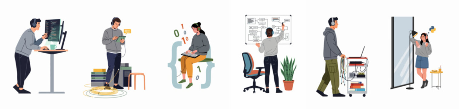 Collection of diverse IT professionals and software developers working on various coding, engineering, and data processing tasks in modern workspace environments.