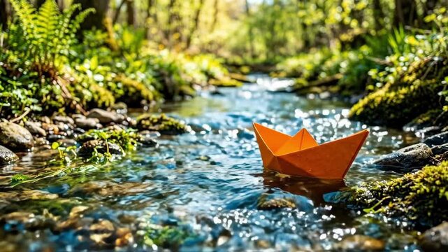 Orange paper boat floating in lush forest stream. Symbol of childs lost adventure and hope in nature. Awareness concept for international day of missing children
