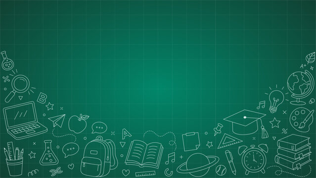 Back to School Chalkboard Banner with Educational Doodle Icons, Learning Symbols and Classroom Elements on Green Background