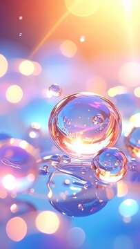 Close-up of glistening water droplets and spheres with vibrant bokeh lights.