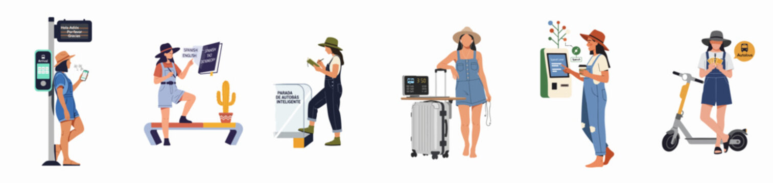 Set of flat vector illustrations depicting a modern female traveler using digital tools, learning languages, and navigating smart city transportation systems.