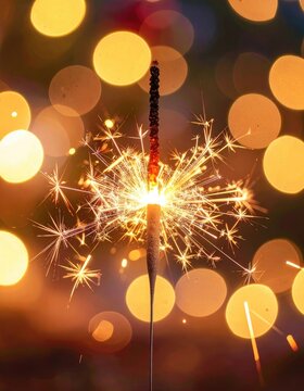 A single sparkler burns brightly against a background of glowing bokeh lights.