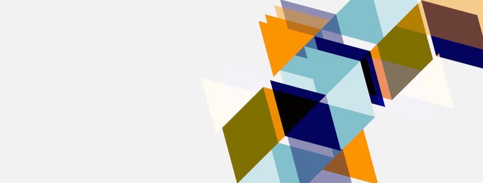 Abstract geometric shapes overlap, creating dynamic composition. Colors include orange, blue, green, gray. Minimalist design with negative space.