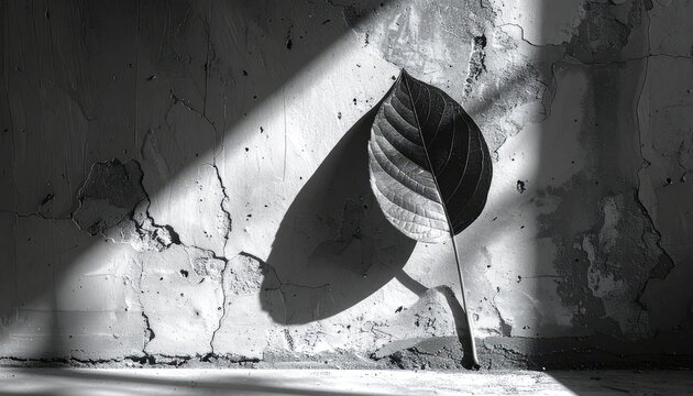 A single leaf casts a dramatic shadow against a cracked, textured wall.