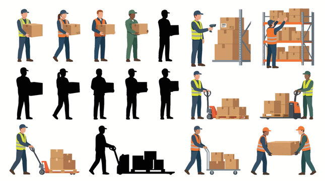 Professional vector collection of warehouse workers performing logistics and inventory tasks, carrying cartons, scanning barcodes, organizing shelves, loading shipments, operating pallet jacks