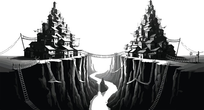 Two Cliffside Towns Connected by a Rope Bridge Silhouette Concept
