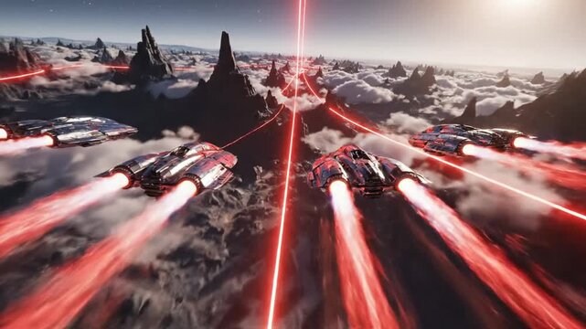 Futuristic spaceships flying over alien landscape with energy beams