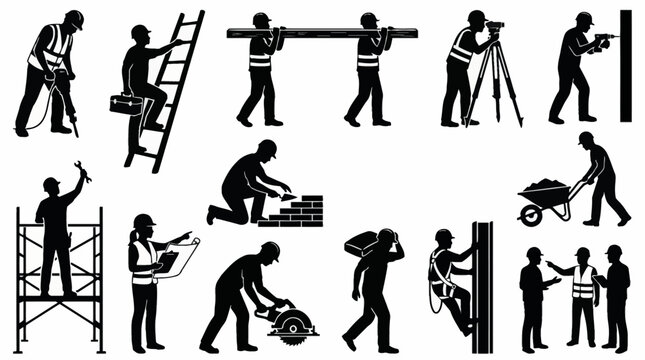Cartoon vector silhouette collection of construction workers in multiple action poses, drilling, carrying materials, climbing ladders, operating tools, engineering and building activities