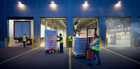 Fototapeta premium Warehouse shipping loading dock workers loading boxes onto truck for distribution and transport with warehouse logistics distribution shipping transport packages fulfillment delivery