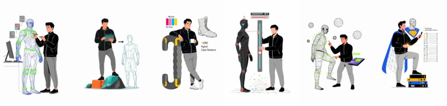 Step-by-step process of a digital artist creating and animating a 3D character, from initial wireframe to final superhero design.