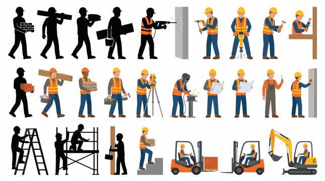 Professional vector collection of construction workers in multiple building activities, carrying materials, drilling, measuring, welding, climbing ladders, operating machinery, mix of black silhouette