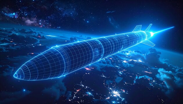 Wireframe rocket floats over a city-lit Earth, amidst starry cosmos, all rendered in cool blue hues, glowing with power