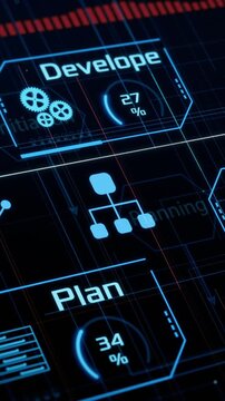 Agile project management, project life cycle, futuristic software interface (3d render) Vertical video