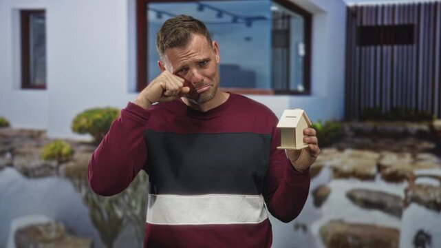 Man holding small wooden house model, rubbing eye and pouting in front of a building window and pond; sadness financial worry.