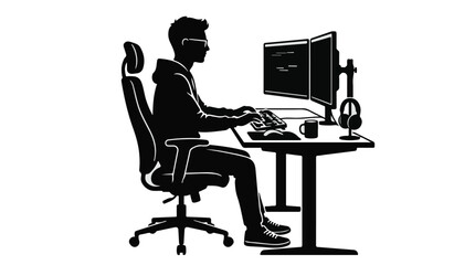Fototapeta premium Businessman working on computer in office space, modern workspace silhouette, professional man at desk with monitor and keyboard, productive work environment