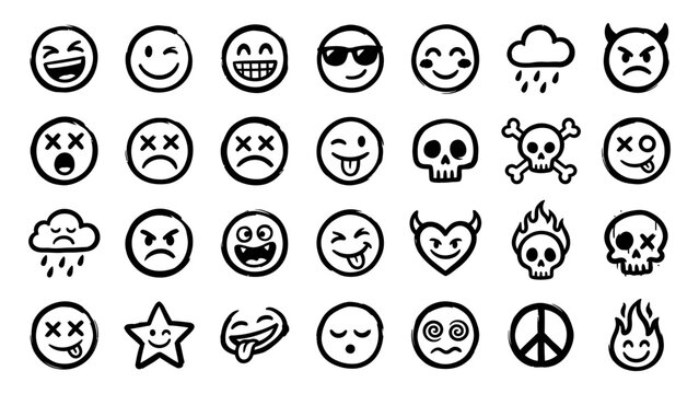 Graffiti style hand drawn emoji icons set featuring skulls hearts and various facial expressions for urban streetwear and graphic design