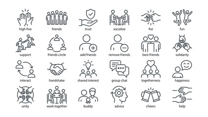 Obraz premium Friendship and social connection line icons collection depicting various human relationships and community interactions for website and app interface design