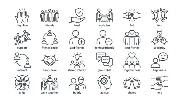 Friendship and social connection line icons collection depicting various human relationships and community interactions for website and app interface design