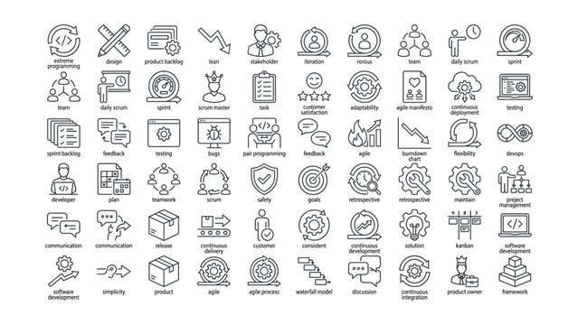 Modern agile software development and project management thin line icons vector set for business processes teamwork and strategic methodology visualization