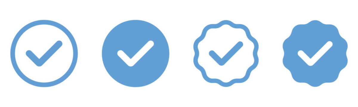 Account verify icon set with check mark. Verified badge symbols for user profile confirmation, verification and approval. Vector illustration and transparent png.