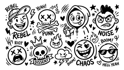 Fototapeta premium Graffiti doodle collection with skulls punk characters and street art icons for urban fashion and sticker design