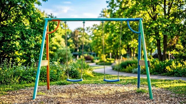 Empty playground swings in sunny green park. Vacant seats symbolizing absence of children. International Day of Missing Children awareness for child safety and protection concepts