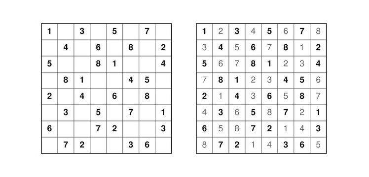8x8 Number Grid Logic Puzzle with Answer Vector